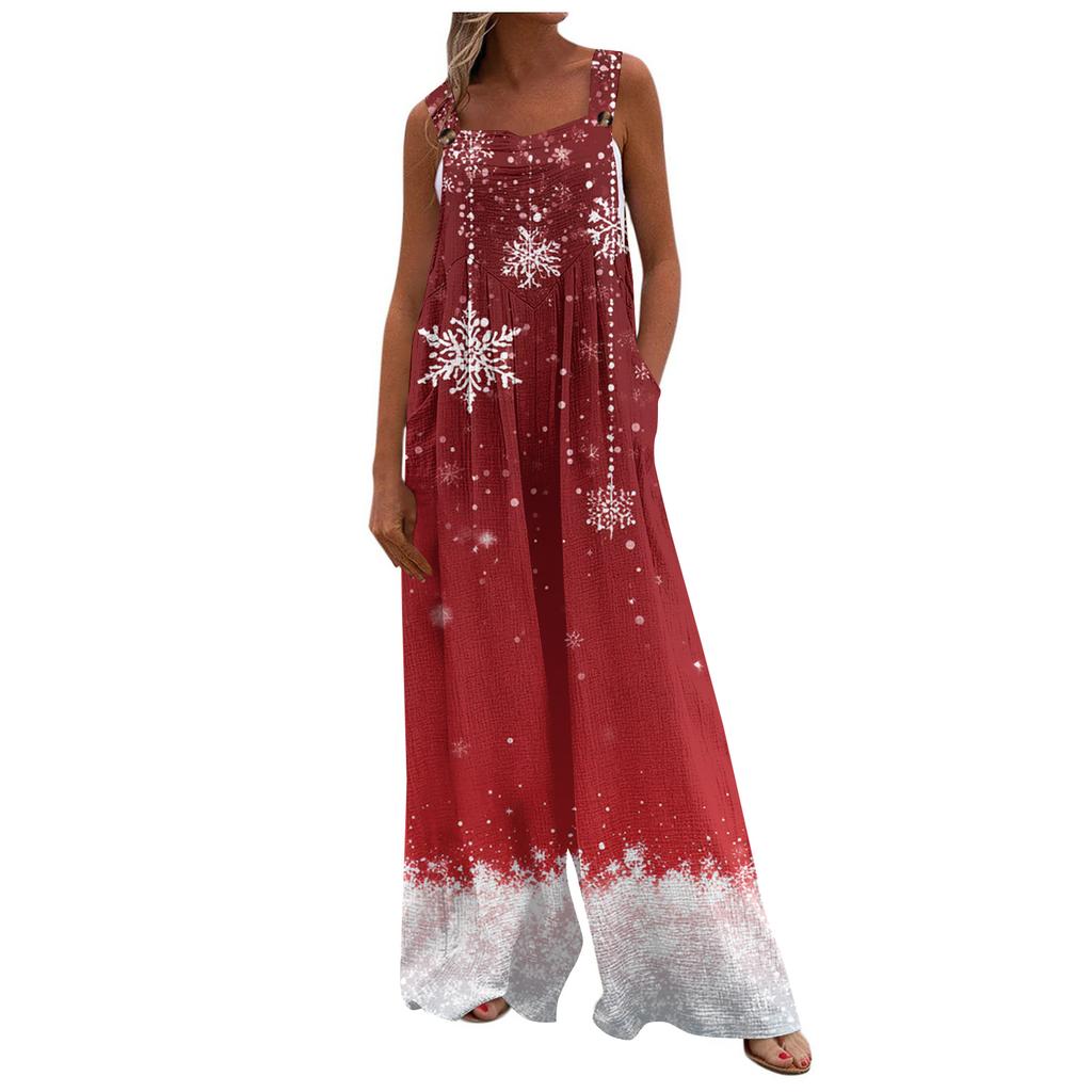Women's Christmas Print Solid Wide Leg Strapless Tank Pocket Casual Onesie