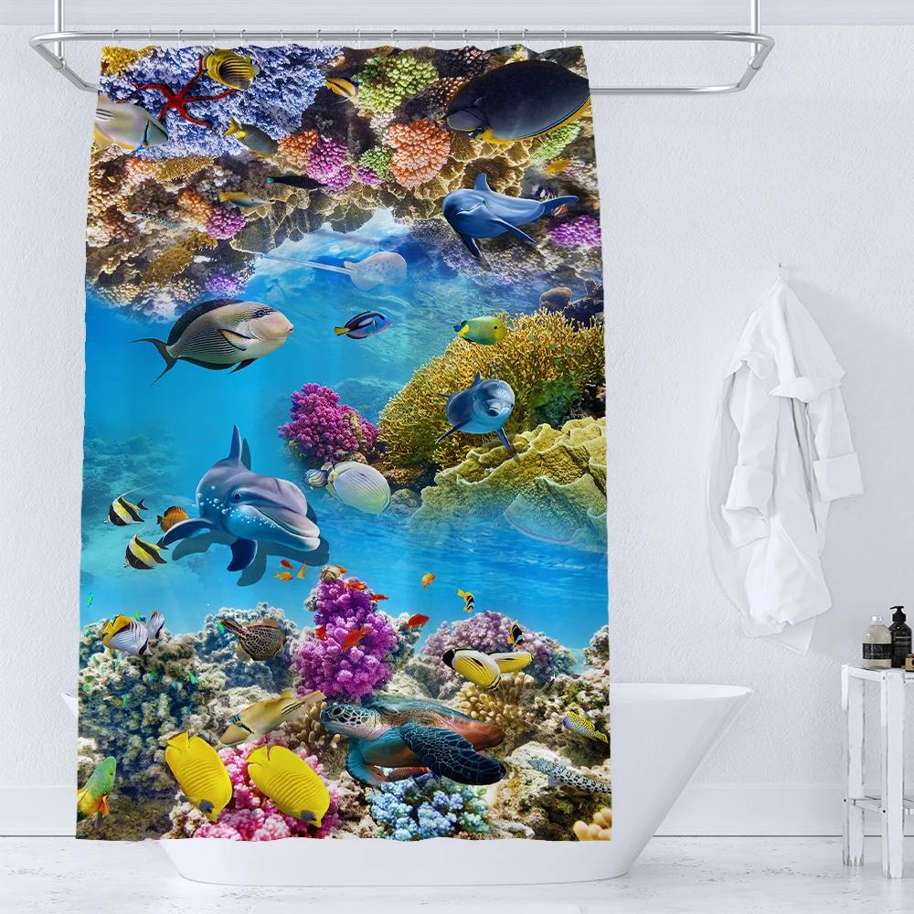 Ocean Underwater World Shower Curtain Dolphin Turtle Cute Creative Personality Print Polyester Bathroom Curtain Decor With Hooks