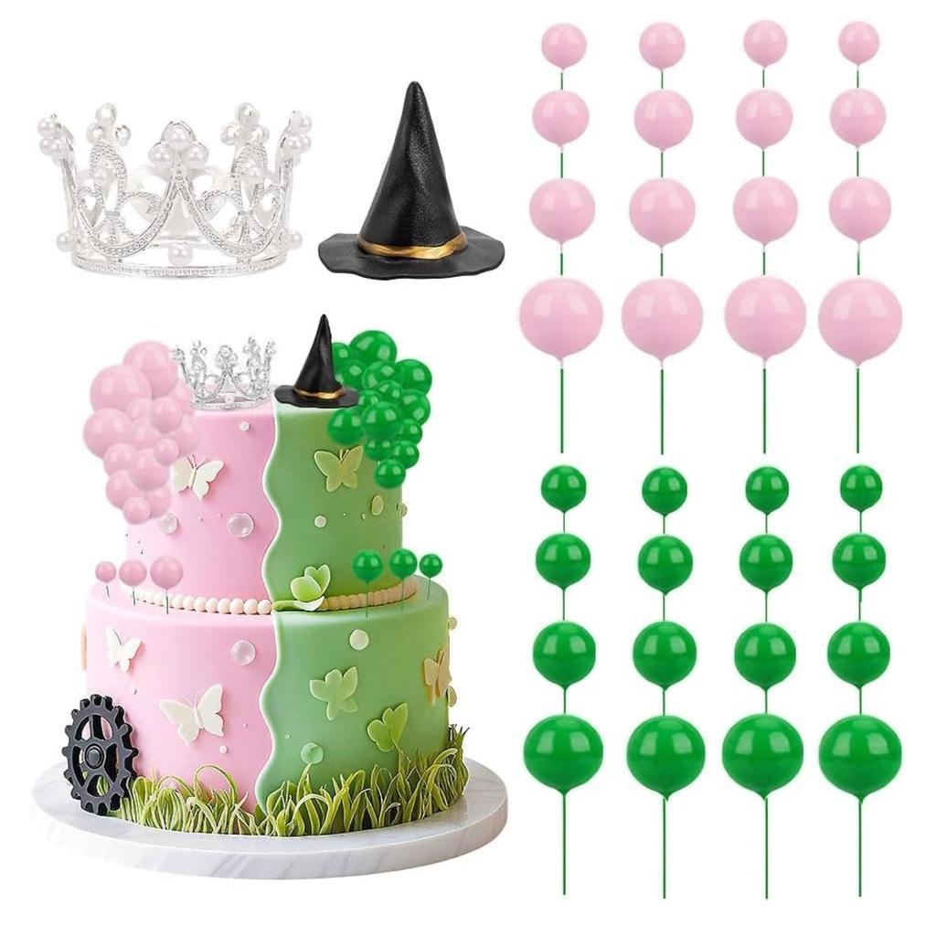 Green and Pink Balls Cake Topper, Silver Crown and Witch Hat Cupcake Topper Decoration for Birthday's Party Decorations