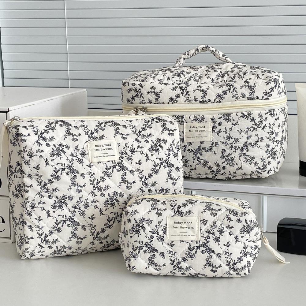 Mode Ins Zwarte Bloemen Dames Gewatteerde Tassen Handtas Reisorganizer Cosmetische Make-up Opbergtas Draagbare Ritssluiting Tote Bag