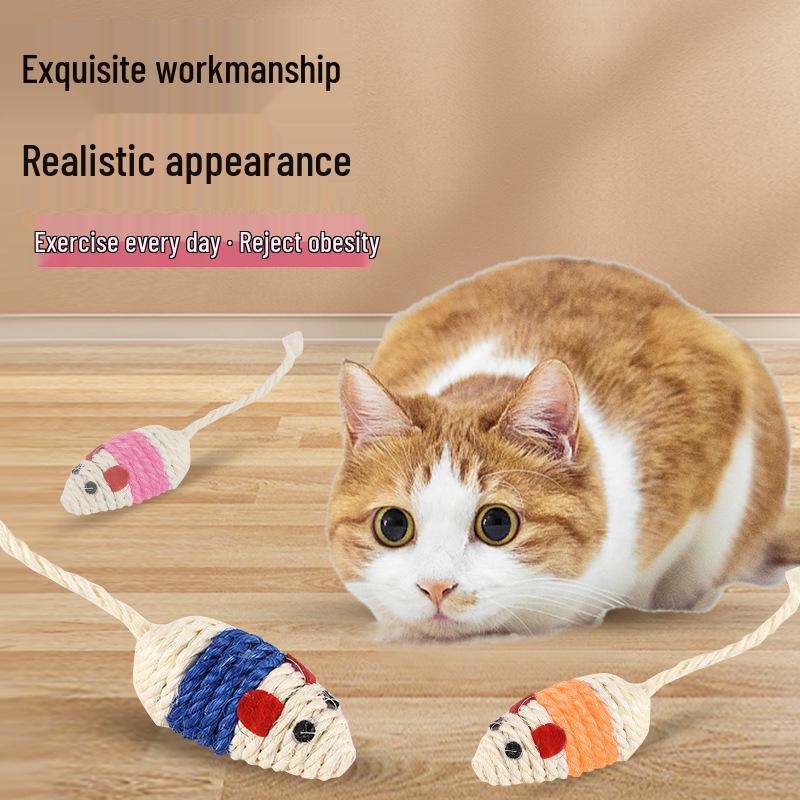 Self-Entertainment Sisal Mouse with Feather Teaser - Cat Toy for Scratching and Biting