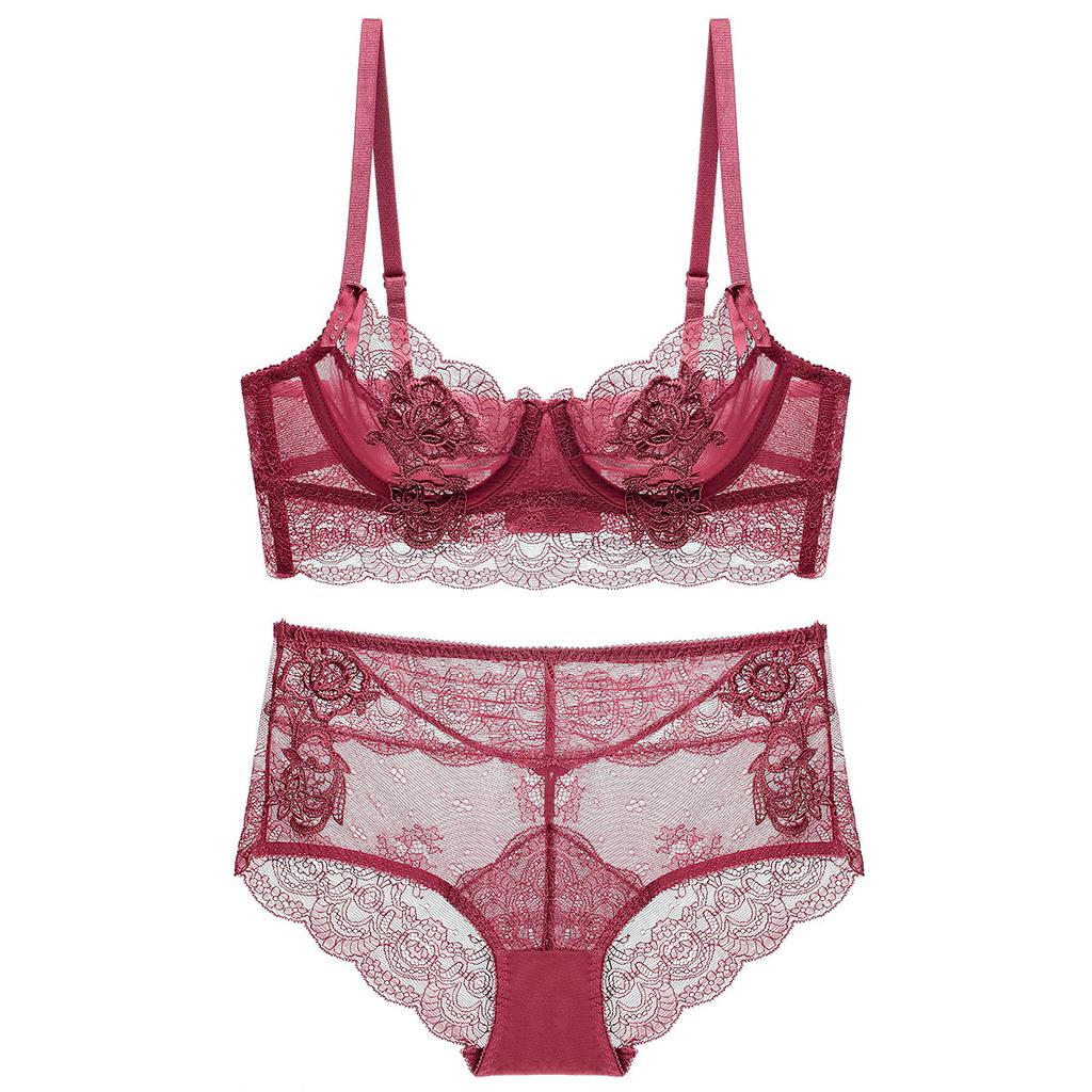 New French Women's Sexy Lingerie Ultra-thin Erotic Gathering Adjustable Lace Bra Set with Side-support Bra