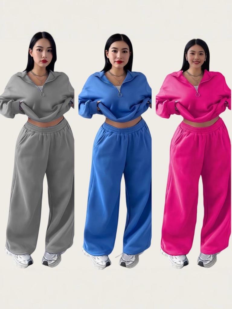 2025 Women's Casual Half-Zip Hoodie and Long Pants Set - European & American Autumn/Winter Style.