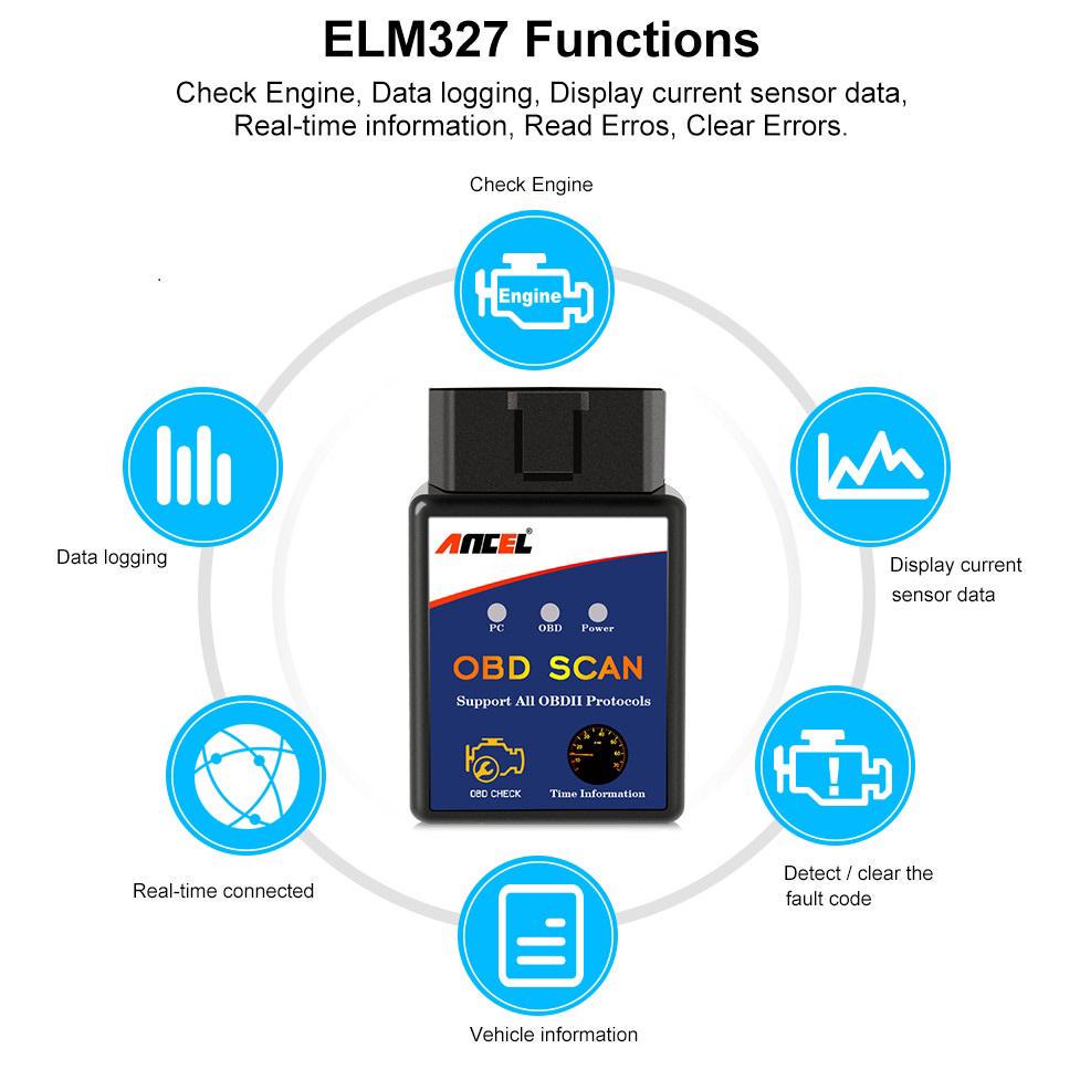 ANCEL ELM327 V1.5 Bluetooth OBD2 Scanner Strumento di diagnosi per auto Lettore di codici di errore del motore Mini adattatore OBDII ODB2 per Android