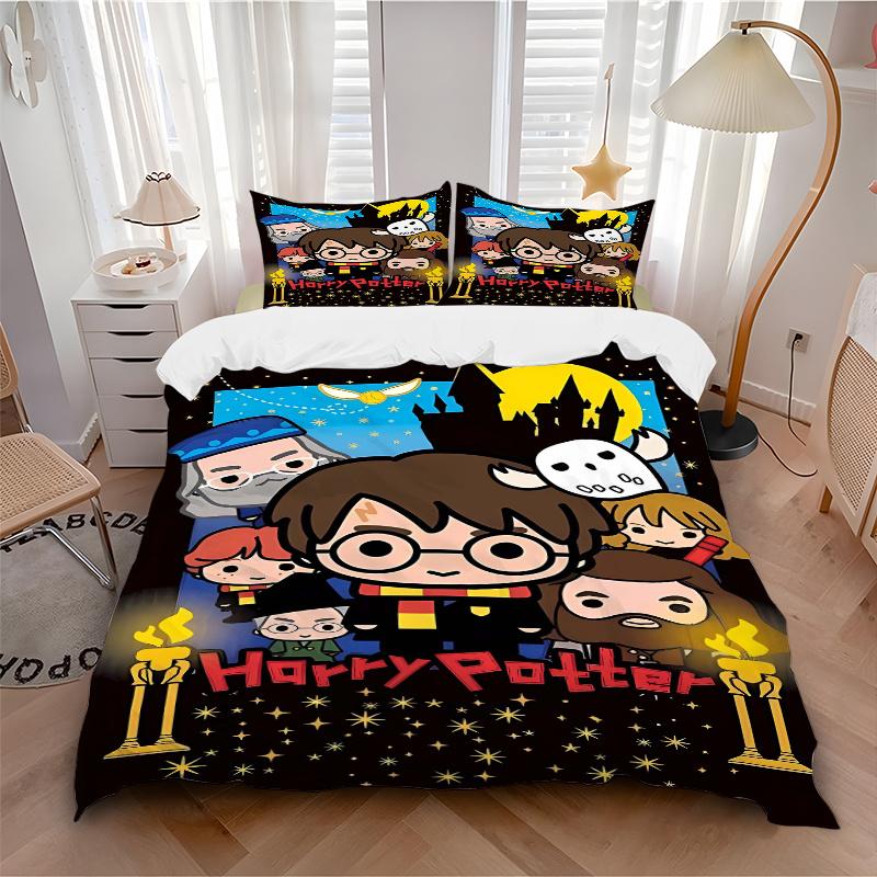 3pcs Magical Night Harry Potter Adventure Bedding Set - Includes Quilt Cover and Pillowcases, Suitable for All Seasons, Machine Washable - I