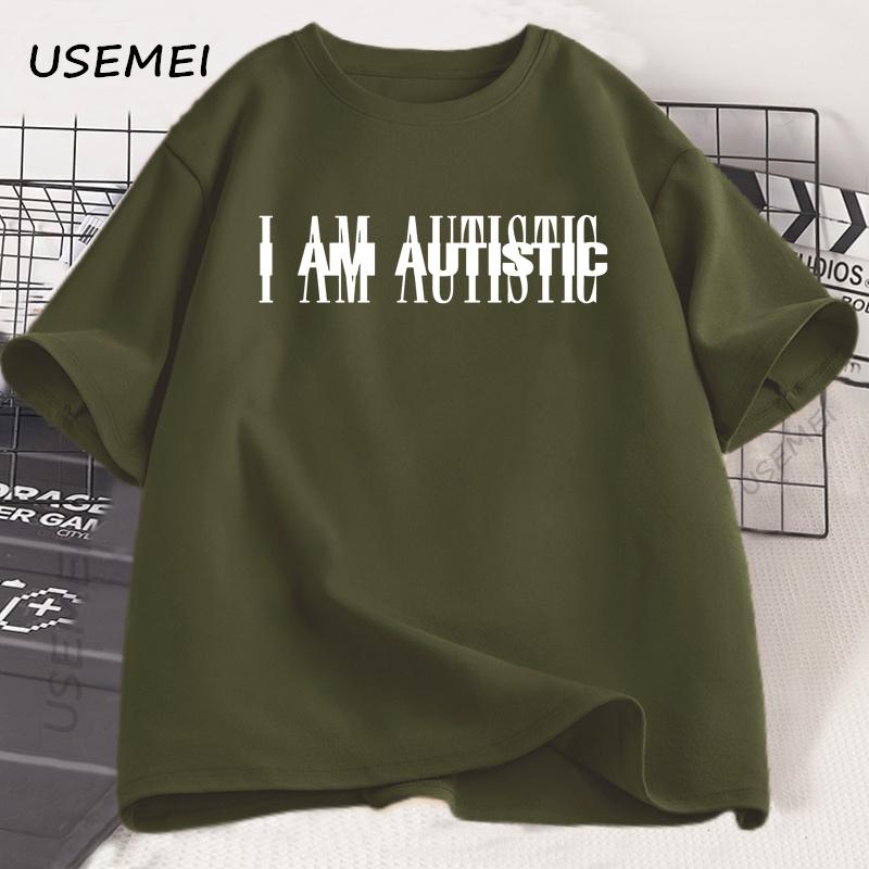 I Am Autistic T Print Men Casual Cotton Short Sleeve Hip Hop Rapper T-shirt Cotton Printed T-Shirt Casual Funny Tops Streetwear