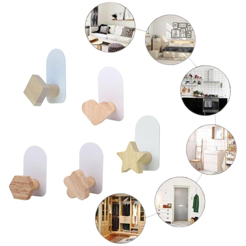 Wood Wall Hook Hanger Wall Mounted Hook Heart Star Hexagon Flower Metal Hooks
