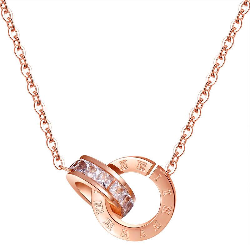 Titanium Steel Necklace Women'S Double Ring Roman Digital Rose Gold Collarbone Chain Cold Wind Simple Design Feeling Neck Chain