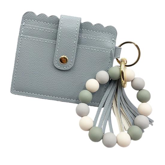 Silicone Bracelet Keychain Wallet Beaded Wristlet Credit Card Holder with Tassel Slim Card Wallet with ID