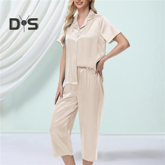 2-teiliges Set aus Seidenpyjama mit Revers und Button-Down-Langarmhemd, elastischer Bund, weites Bein, verkürzte Hose, Homewear, lässiges Outfit, Frühlingsnachtwäsche