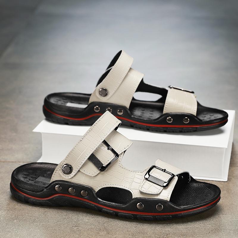 

Чоловічі сандалі Чорні шкіряні шльопанці Вуличні літні римські сандалі Пляжне взуття Великий розмір EU:48 слонова кістка