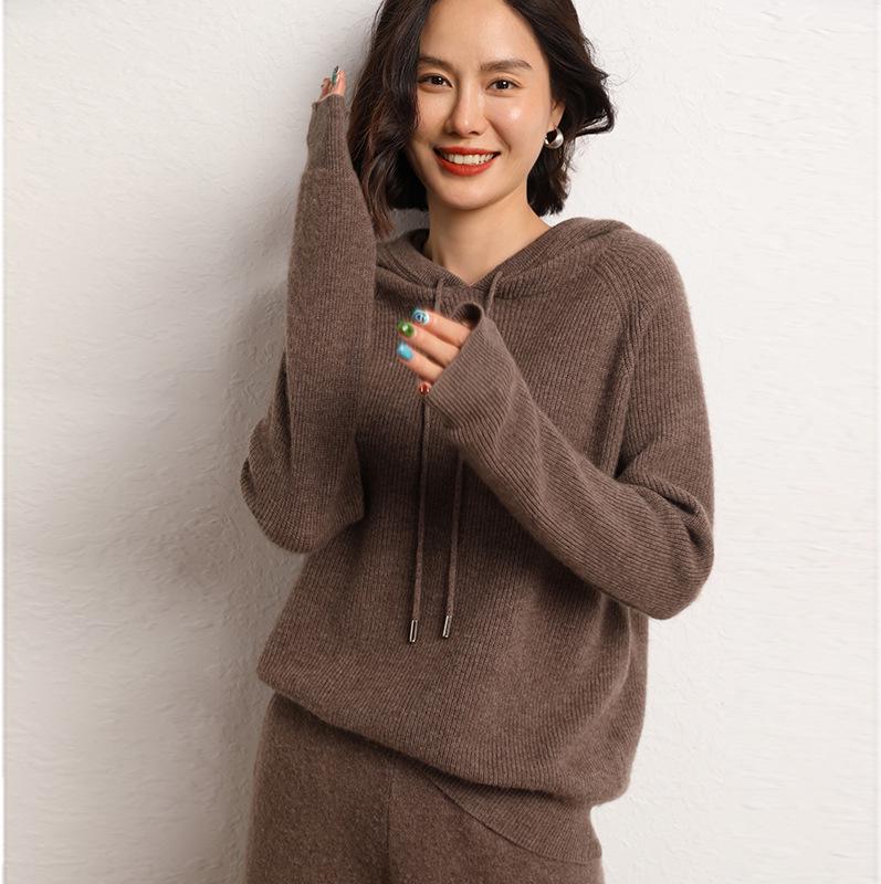 Women's Hooded Cashmere Sweater - 2026 Autumn/Winter Seed Stitch Loose Slimming Warm Base Layer