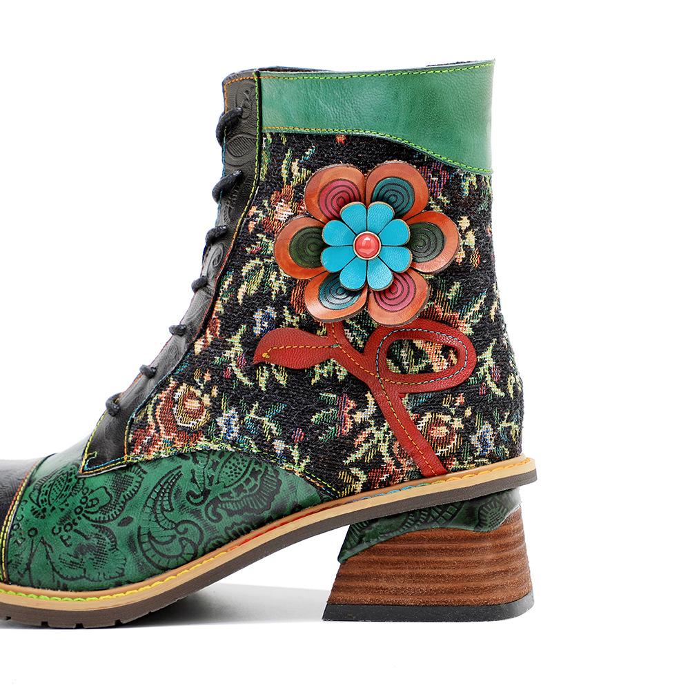 Johnature Plateaustiefel aus echtem Leder, Schnür-Damenschuhe, Blumenmuster, runde Zehen, Nähen, Prägung, Stiefeletten