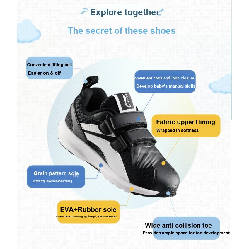 Li Ning Kids Sports Lifestyle Series Little A Gan Color Block Versatile Velcro Non-Slip Shock Absorption Lightweight Casual Shoes YKAP148-83