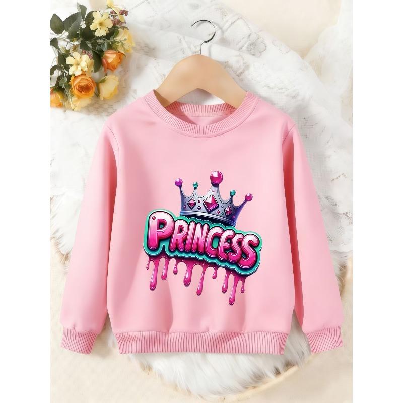Girls Crewneck Sweatshirt, Drip Graffiti Princess Crown Print Long Sleeve Pullover, Cute Girly Casual Sweatshirt For Kids Over 4 Years Old