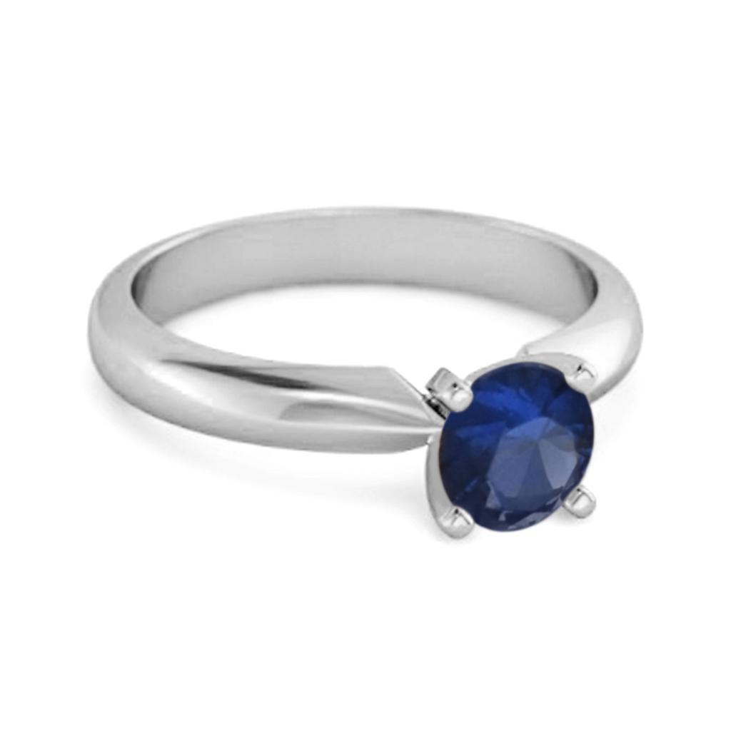 Blue Sapphire Round Solitaire Ring - 925  Sterling Silver