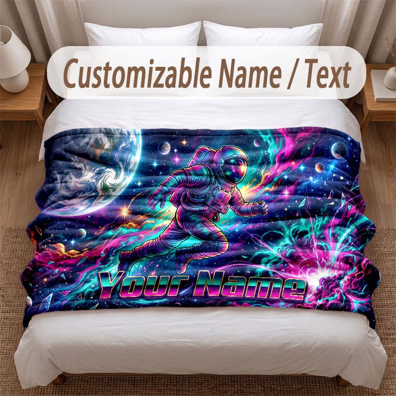 Astronaut Space Theme Soft Blanket Personalized Custom Name Text Print Warm Blanket Home Sofa Bedroom Decor