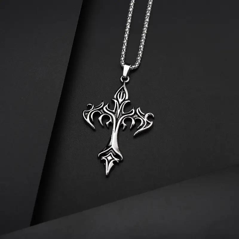Fashion Vintage Flame Cross Pendant Necklace For Women Men Hip Hop Punk Personality Sweater Chain Jewelry Gift