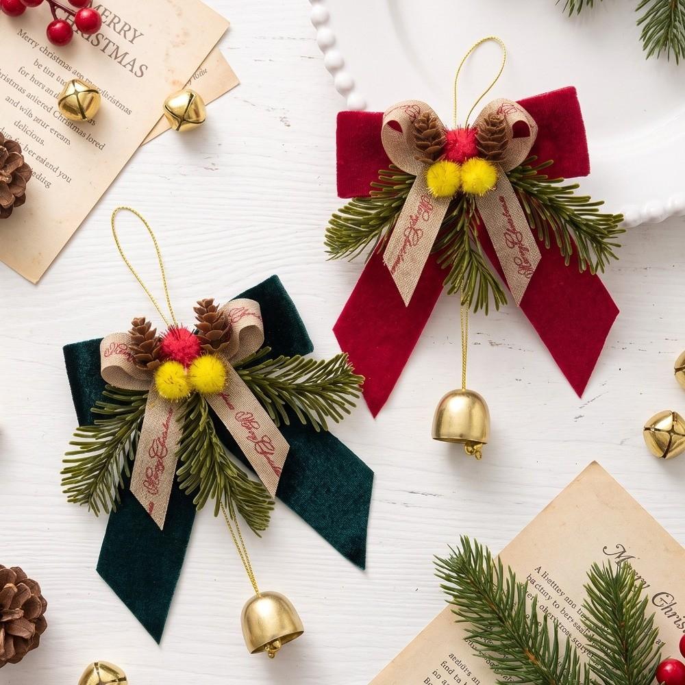 Pine Needle Decor Bow Bell Pendant Pine Cone Accent Christmas Bow Hanger Home Party Decor