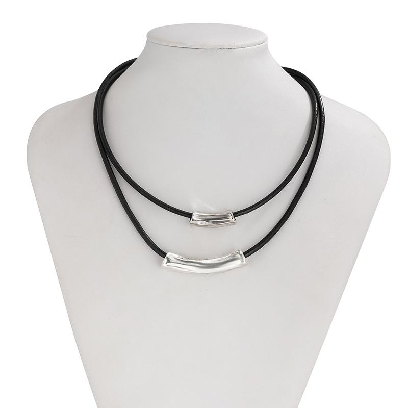 Fashion Oval Metal Necklace Bracelet Set For Women Vintage Gold Silver Color 2Pcs/Set Faux Leather Double Layered Chain Jewelry