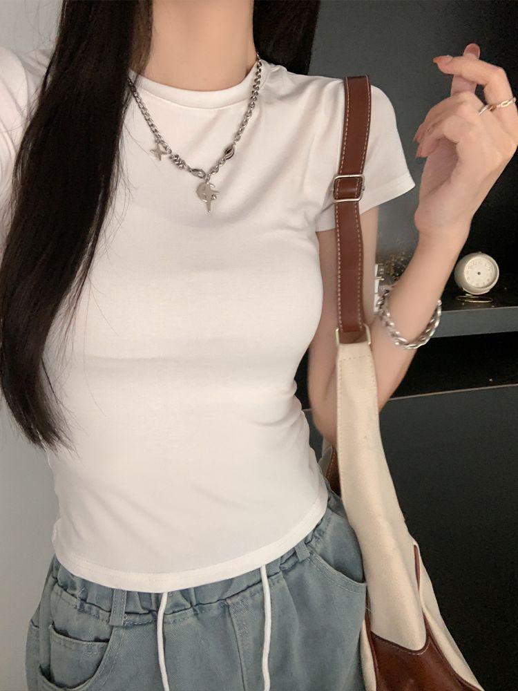 American Cinched Waist Long Sleeve T-shirt, Korean Style, High Stretch, Round Neck, Hot Girl Fashion for Autumn and Summer.