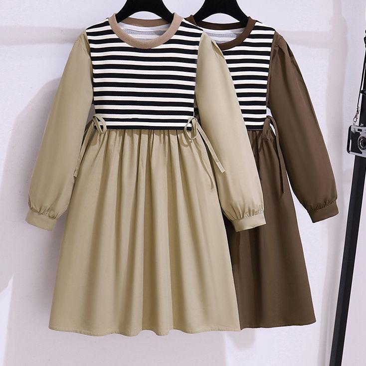 

Girls Long Sleeve Striped Faux Two-Piece Western-Style Dress for Spring and Autumn 160 cm хакі