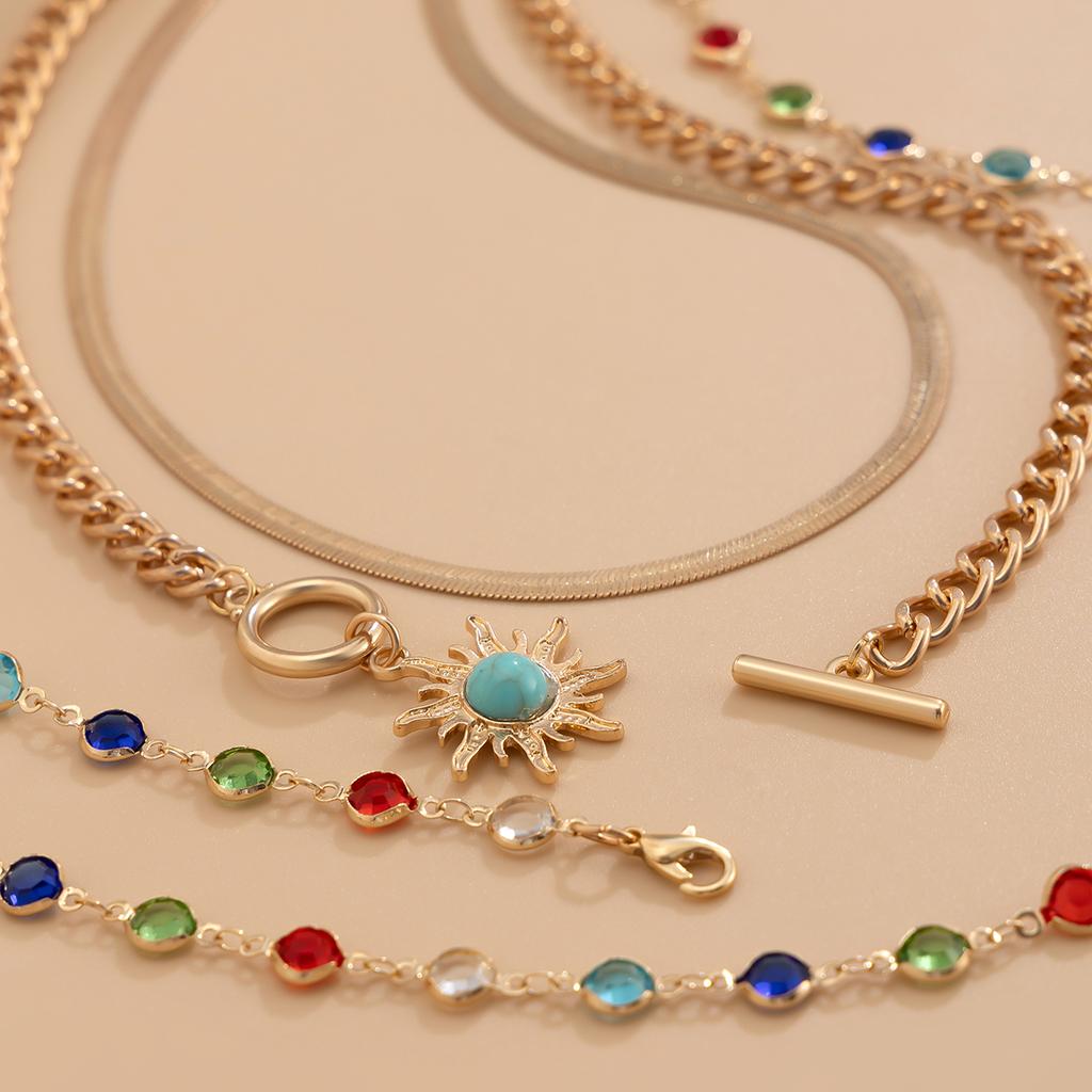 IngeSight.Z 3 Stück/Set Boho Bunt Kristall Lange Kette Sonnenblumen Anhänger Halskette Damen Einfach Flach Schlangen Kette Choker Schmuck