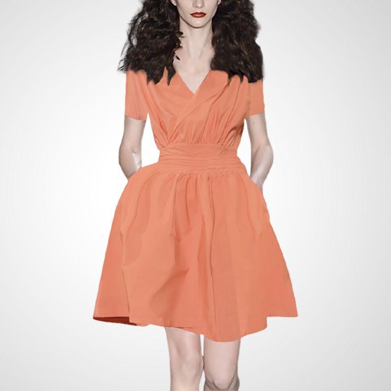 

Хитрый дизайн Оранжево-розовое платье миди с завышенной талией и облегающим силуэтом, с короткими рукавами Orange Short Sleeve- M