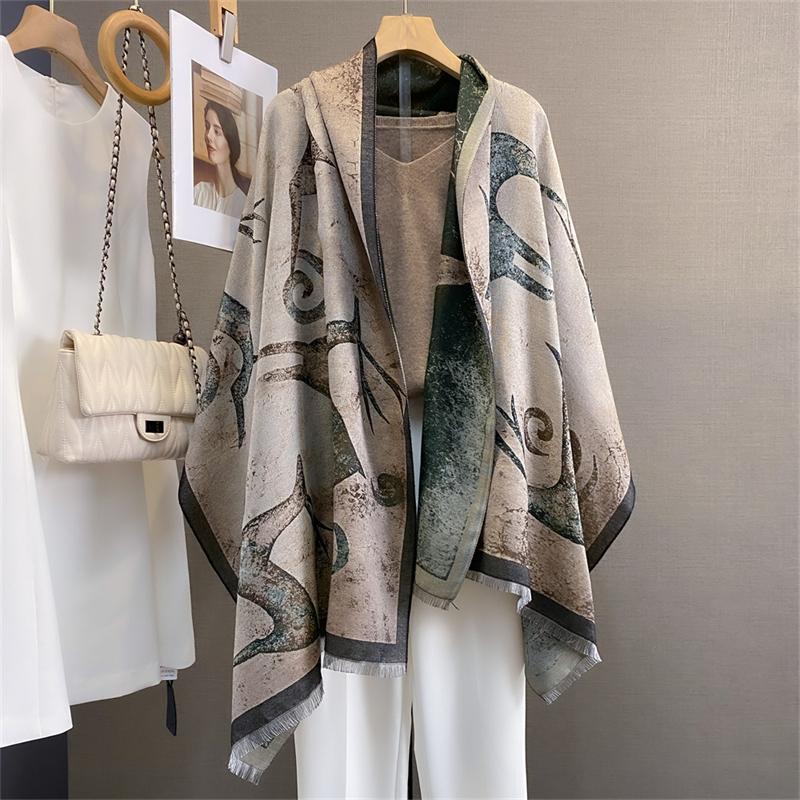 Design Oil Floral Printde Cashmere Scarf Women Winter Pashmina Shawls And Wraps Thick Warm Bufanda Stoles Blanket Luxury