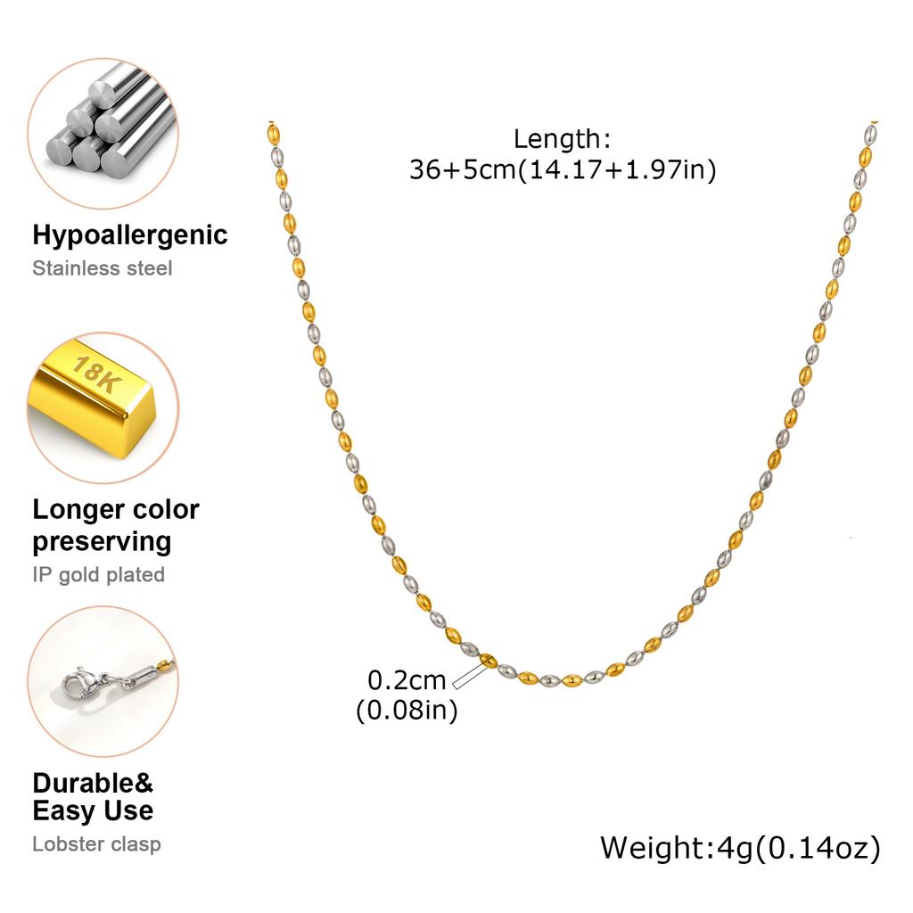 18K Gold Plated Two Tone Oval Beaded Chain Necklace for Women, Stainless Steel Clavicle Choker Necklace, Fashion Jewelry Gift