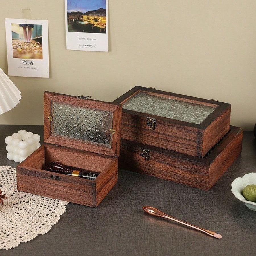 Crabapple Glass-covered Wood Box for Home Dried Fruit Dust-proof Storage