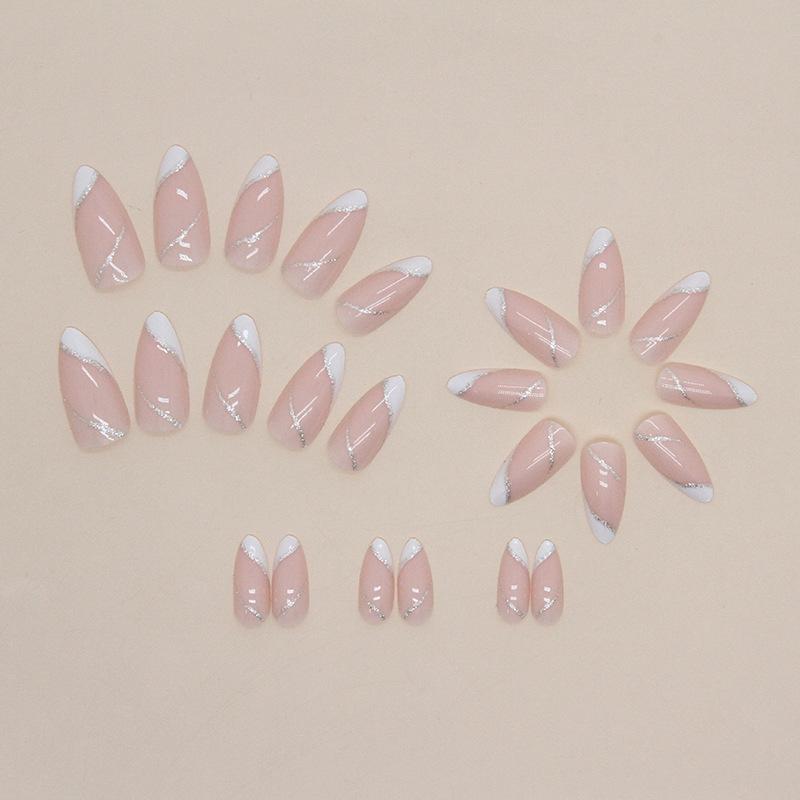 24 Pieces Almond Nail Pure Glitter Powder Beveled Edge French Sweet Girl Gentle Fake Nails Wear Nail Piece Nails