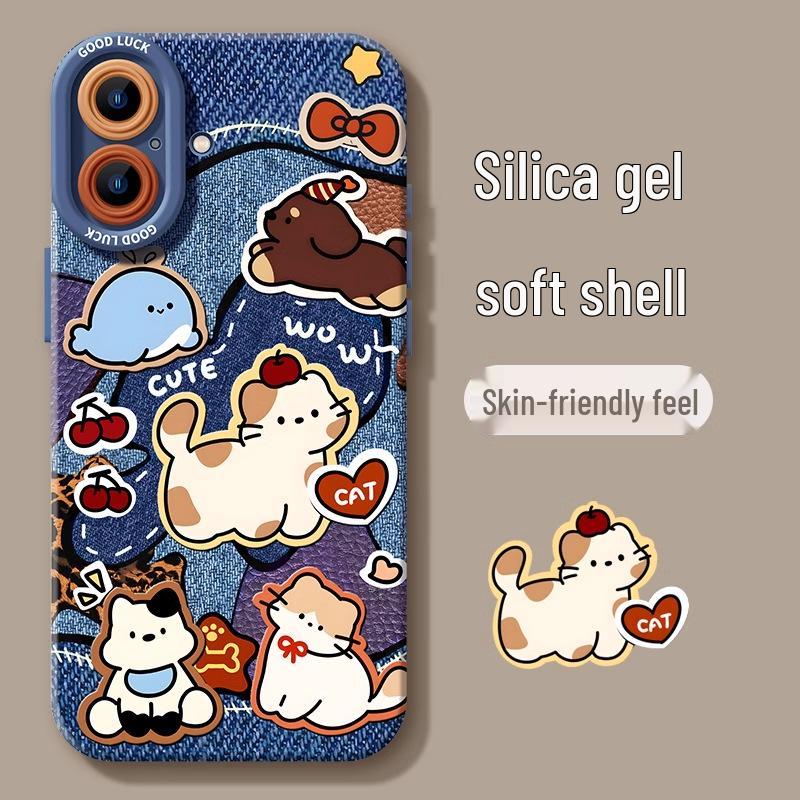 Denim Cat Lanyard Phone Case for iPhone 17/16 Pro Max/15/13 - Cute Silicone Soft Cover