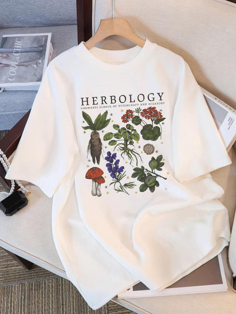 Summer T-Shirts Women Cotton Herbology Plant Composition Printed Tops O-Neck Comfortable Loose Short Sleeve Casual Woman Clothes
