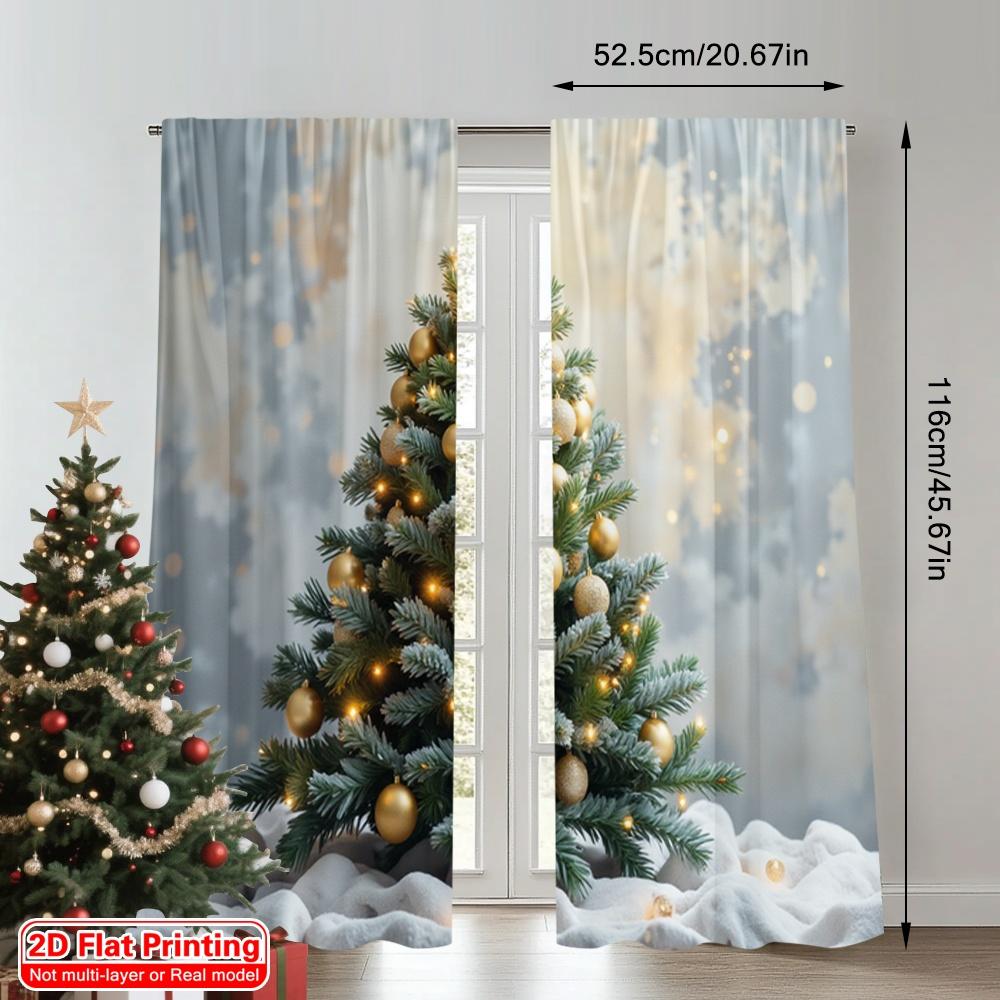 2pcs 2D Flat Printing Christmas Scene Curtain Golden Star Christmas Tree 100% Polyester Without Electricity Festive Curtains