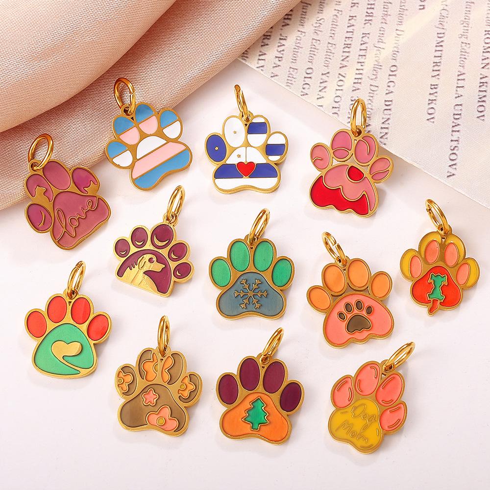  2Pcs Cartoon DIY Stainless Steel Drip Dog Paw Print Pendant Handmade Accessory Jewelry Gold Plated Charm Wholesale