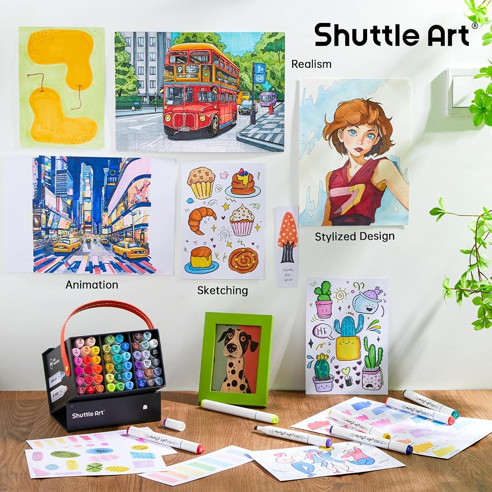 Shuttle Art Illustration Markers 50 Colors Set Brush Tip Twin Alcohol Markers with Carrying Case and Color Chart