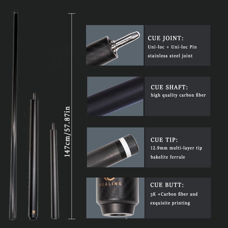 OKHEALING 3 Pieces Break-Jump Cue 12.9mm Tip 147cm/58inch Length 20~22oz Weight Uni-loc Joint Carbon Fiber Billiard Sticks, Matte Black