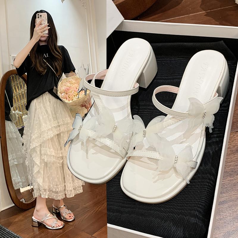 Fashion Butterfly Square Toe Women Slippers Summer Open Toe Shoes Woman Heeled Sandals 2025 Trend New Dress Pumps Shallow Chunky Slides