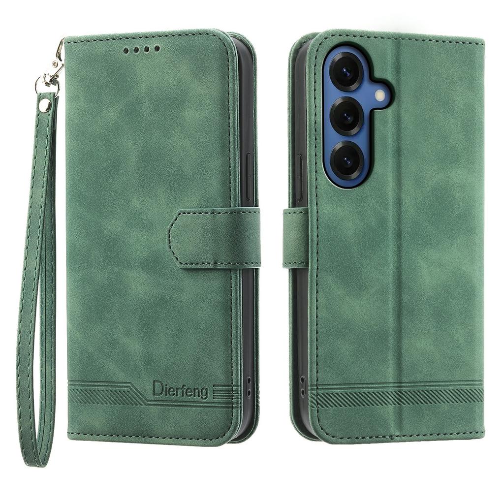 DIERFENG DF-03 For Samsung Galaxy S26+ Case Lines Imprint Wallet Leather Phone Cover with Wrist Strap