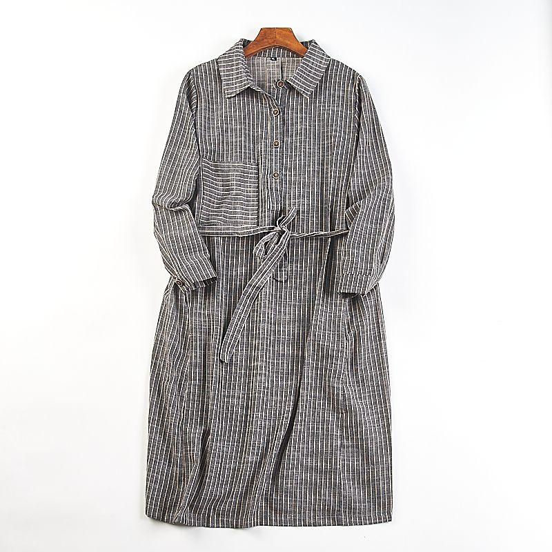 

Korean Style Cotton and Linen Stripe Long sleeve dress 56 H82400 Spring and Autumn Loose Plus size Waist Hugging Artistic Long Shirt Dress 1 Picture color 2XL