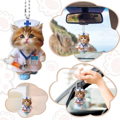 2D Cute Car Acrylic Flat Rearview Mirror Pendant Keychain Accessories