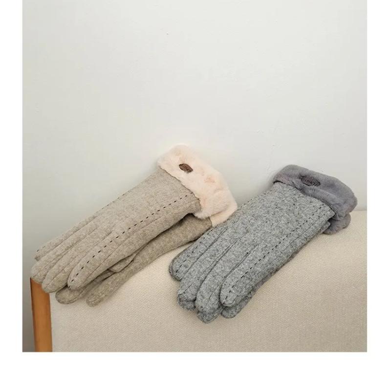 Winter Gloves Women Girl Cashmere Touch Screen Warm Gloves Elegant Outdoor Riding Wool Bow Full Cotton Finger Driving Mittens