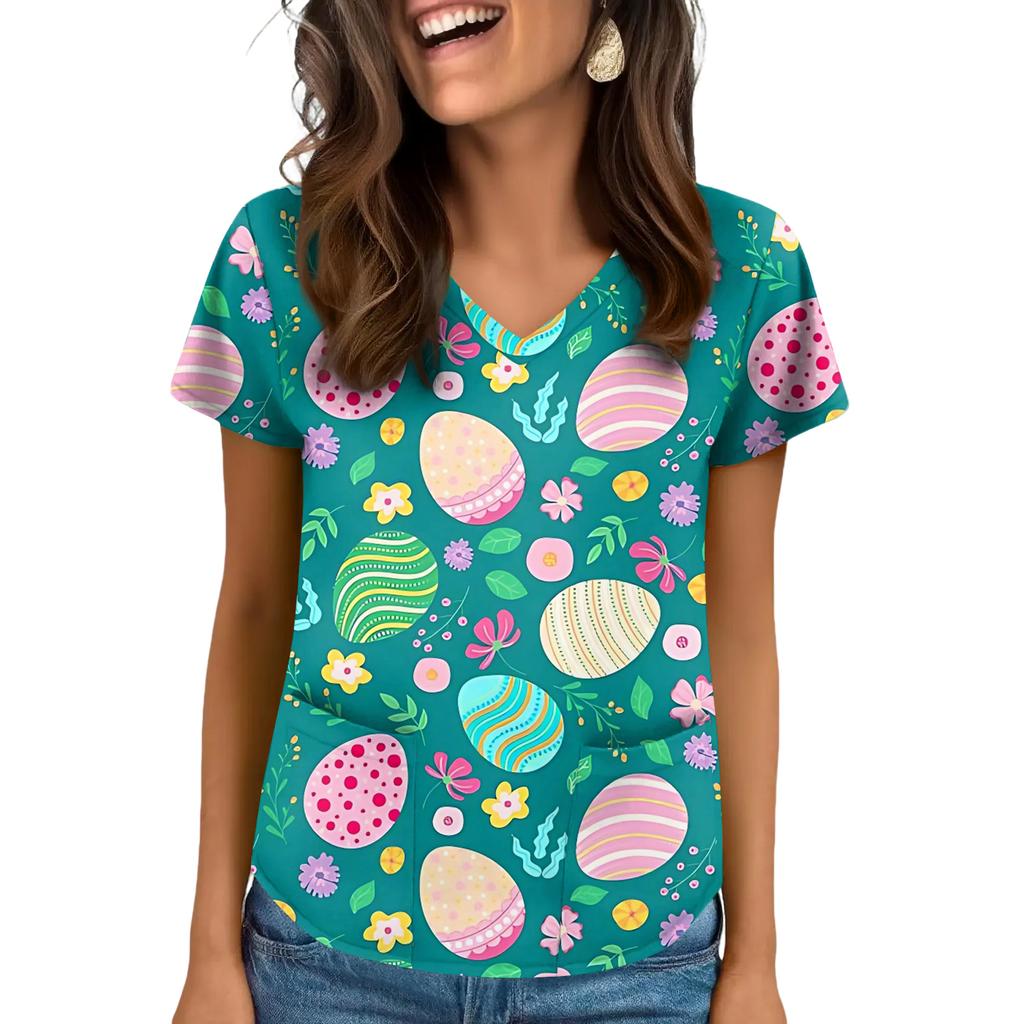 Women's V-Neck Easter Print Short-Sleeve Pocket Top With Side Slit