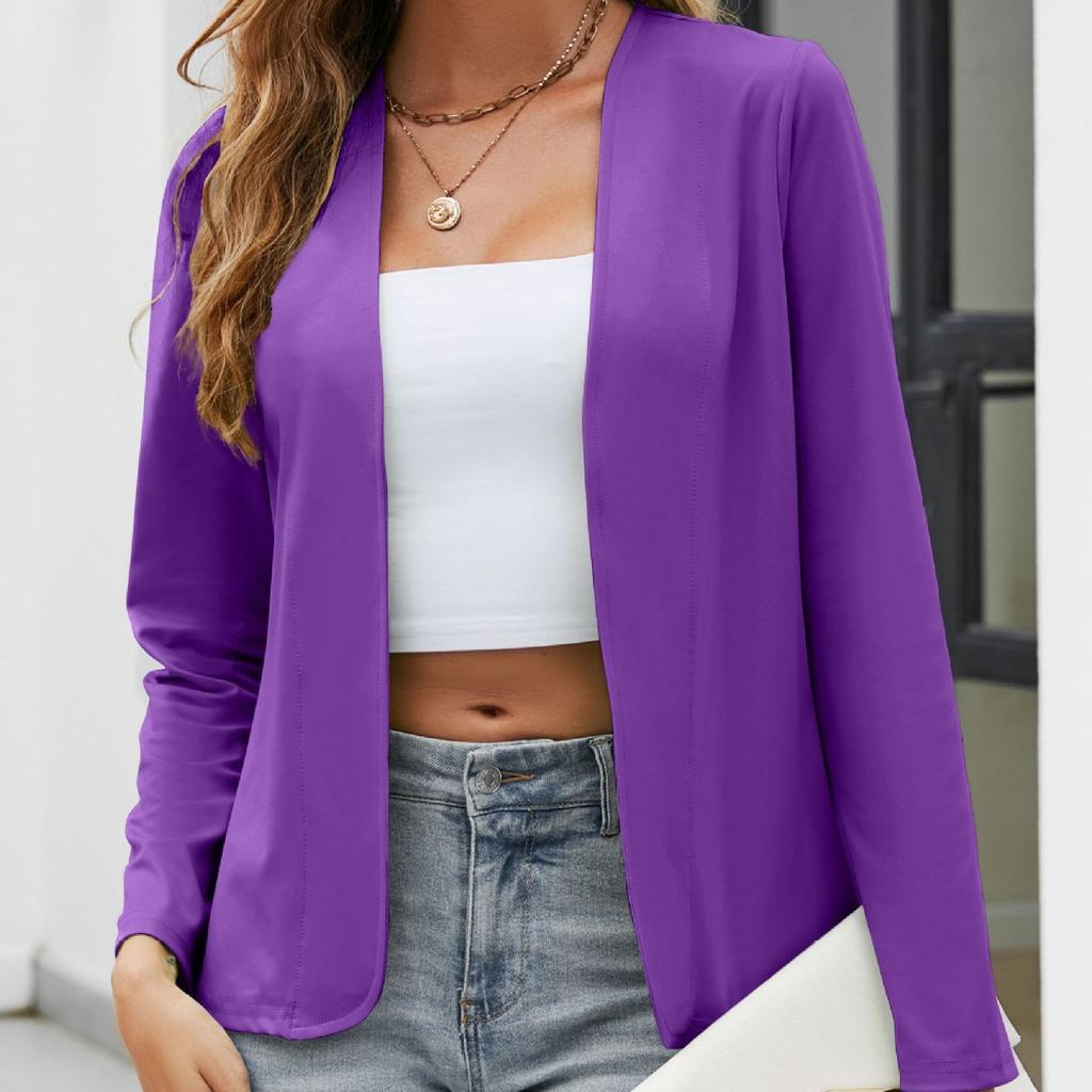 Women's Casual Open Front Blazer Jacket Long Sleeve Solid Color Lapel-less Slim Fit Lightweight Office Cardigan Outerwear for Ladies