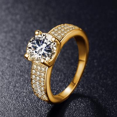 Fine Pure Solid Yellow Gold Color Ring Solitaire 2ct Cubic Zircon Wedding Band Real Tibetan Silver Rings For Women