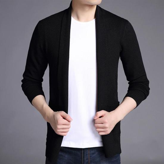 Men Sweater Coat Solid Color Soft Warm Breathable Stretchy Open Stitch Cardigan Long Sleeves Turn-down Collar Sweater Jacket Men Clothes