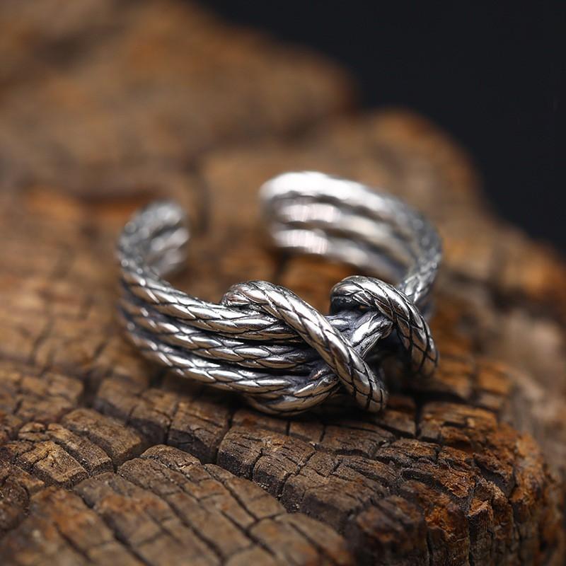 Adjustable Open Finger Ring Men Women Vintage Rustic Braided Rope Design Plated Geometric Animal Motif Band