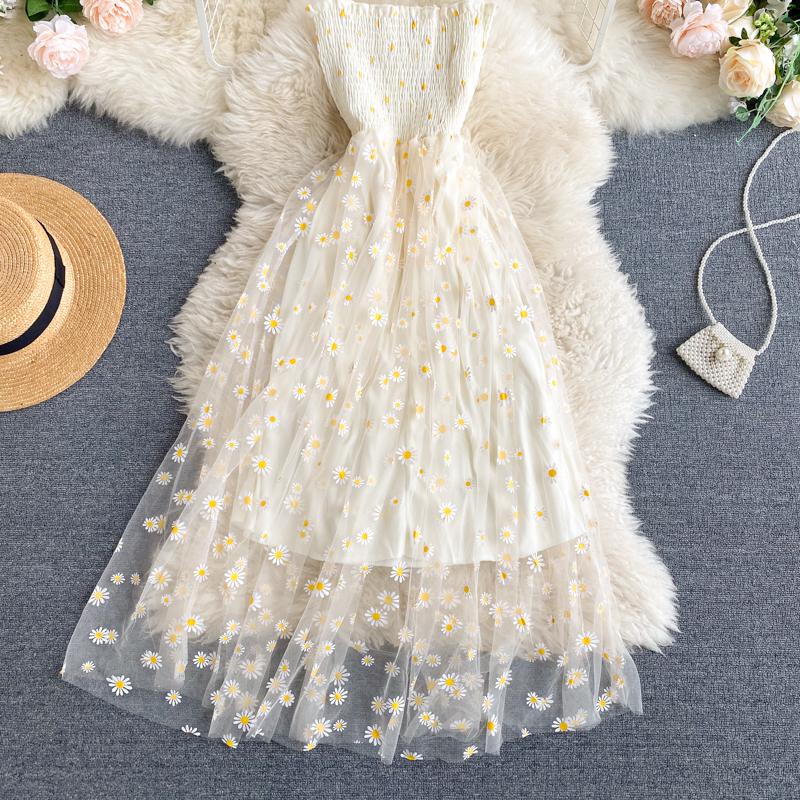 Romantic Floral Print Straps Long Dress Women Basic Elastic High Waist Mesh Beach Dress Vacation Sundress Vestidos