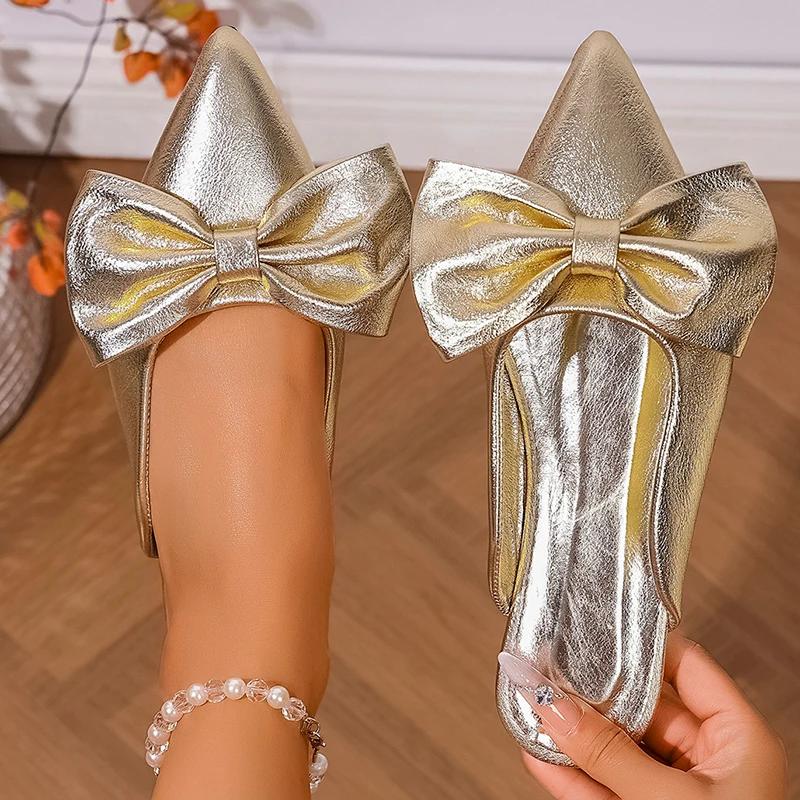 Fashion Gold Silver Bowtie Flat Sandals for Women Shiny Pu Leather Pointed Toe Office Shoes Plus Size Summer Comfort Non Slip Slippers